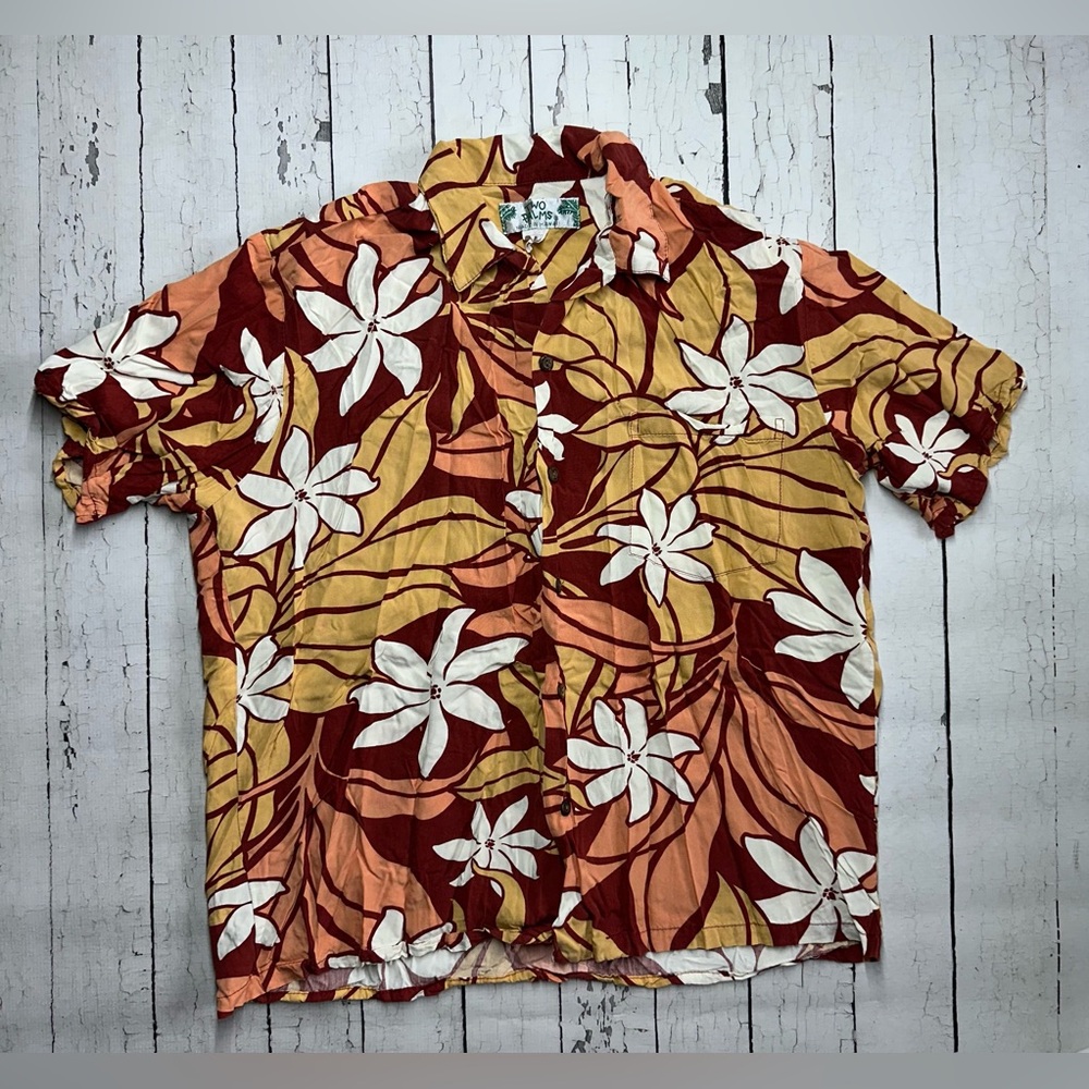Two Palms Floral Hawaiian Button-Up Shirt in Rust, Mustard & White size L